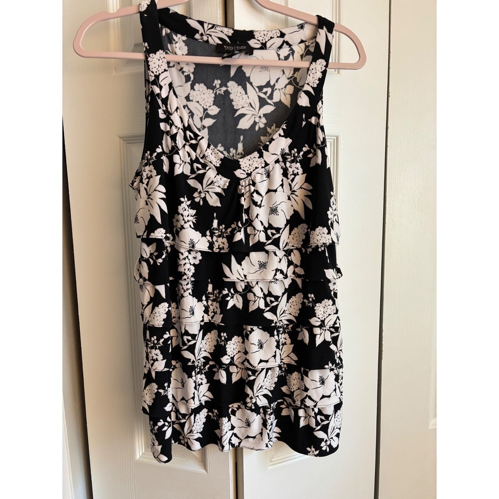 White House Black Market Floral Tiered Tank Top L Stretch V-Neck - Picture 3 of 7
